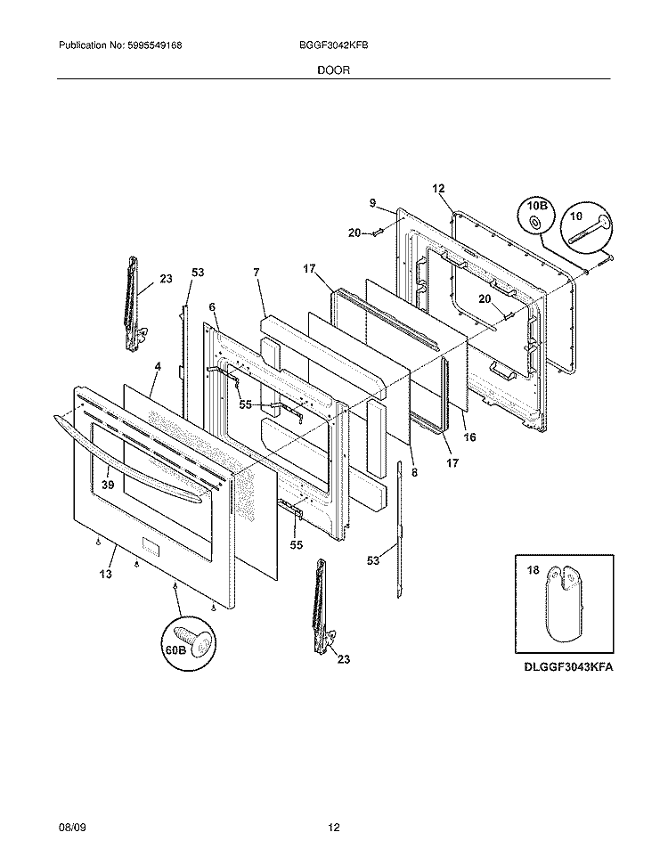 DOOR Diagram and Parts List for BGGF3042KFB  Frigidaire Range