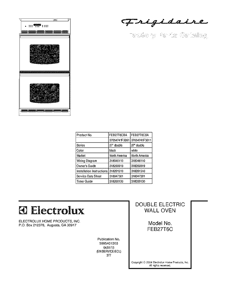COVER Diagram and Parts List for FEB27T6CSA  Frigidaire Wall Oven