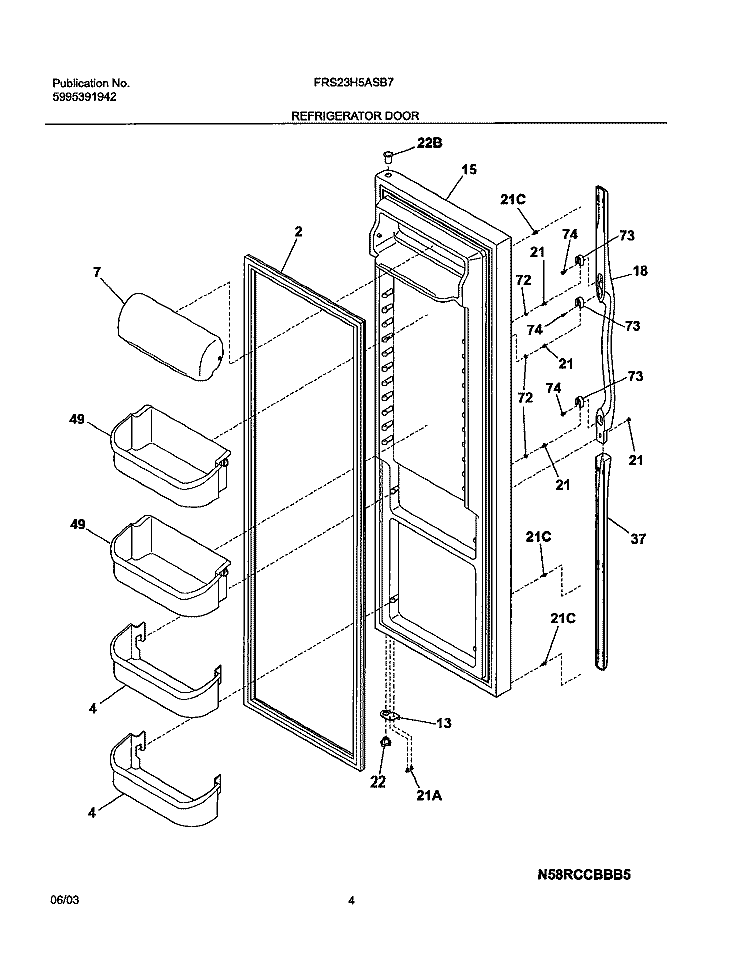 REFRIGERATOR DOOR Diagram and Parts List for FRS23H5ASB7  Frigidaire Refrigerator