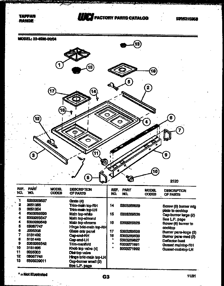 COOKTOP PARTS Diagram and Parts List for 30-4980-00-04  Tappan Range