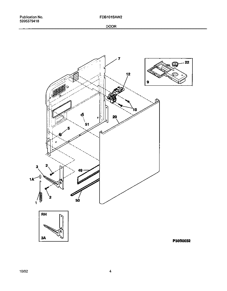 DOOR Diagram and Parts List for FDB101SAW2  Frigidaire Dishwasher