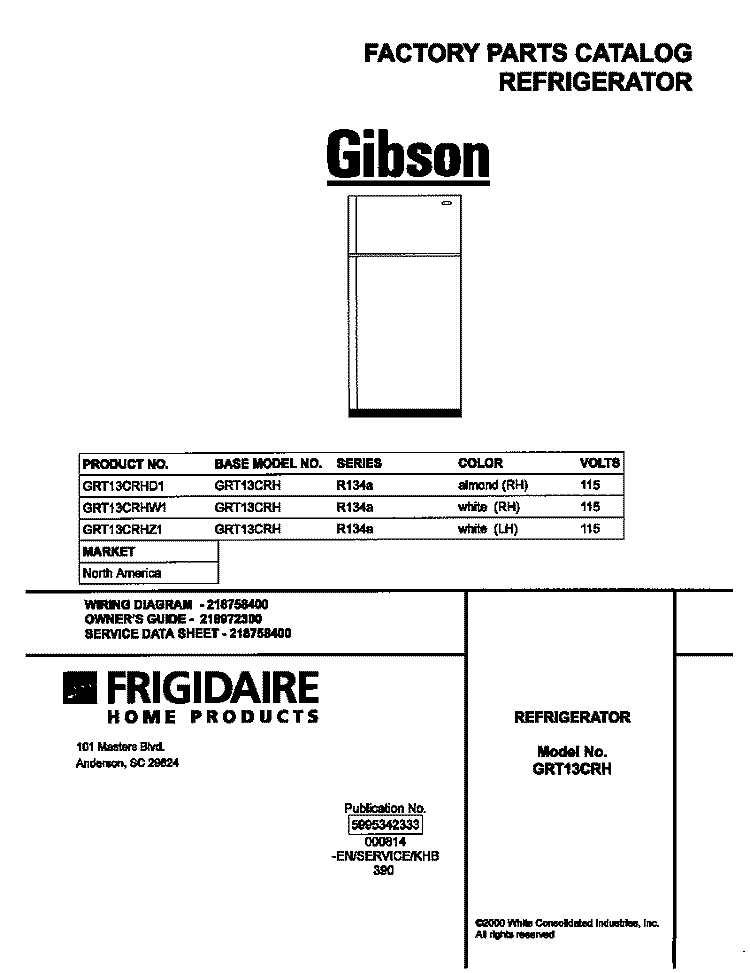 COVER Diagram and Parts List for GRT13CRHZ1  Gibson Refrigerator