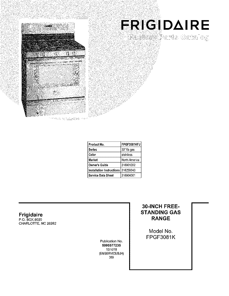 COVER Diagram and Parts List for FPGF3081KFJ  Frigidaire Range