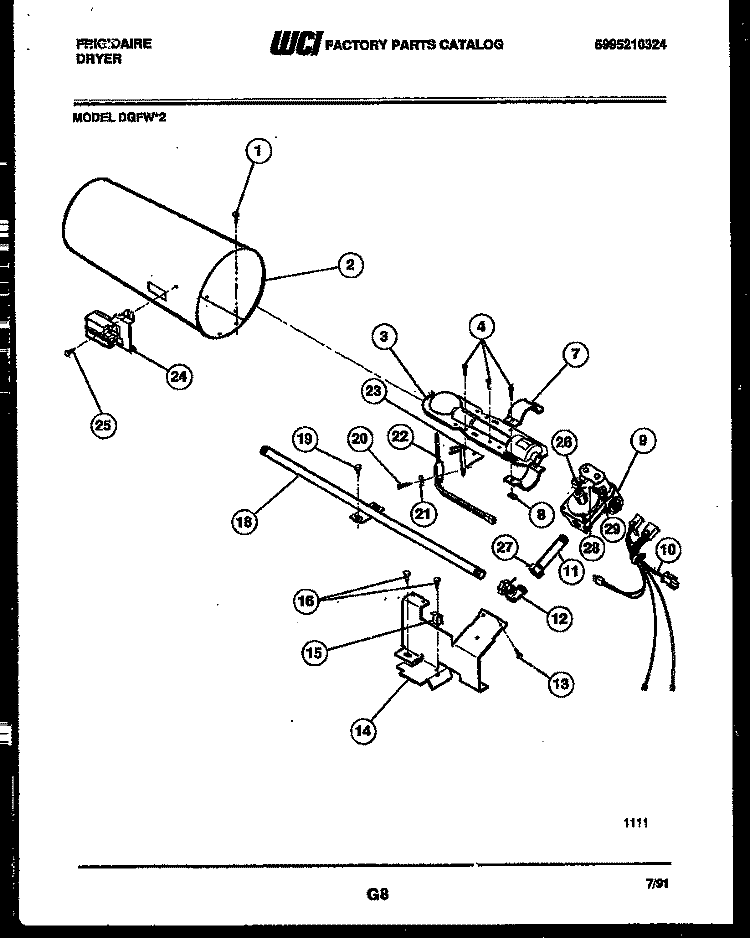 BURNER, IGNITER AND VALVE Diagram and Parts List for DGFW2  Frigidaire Dryer