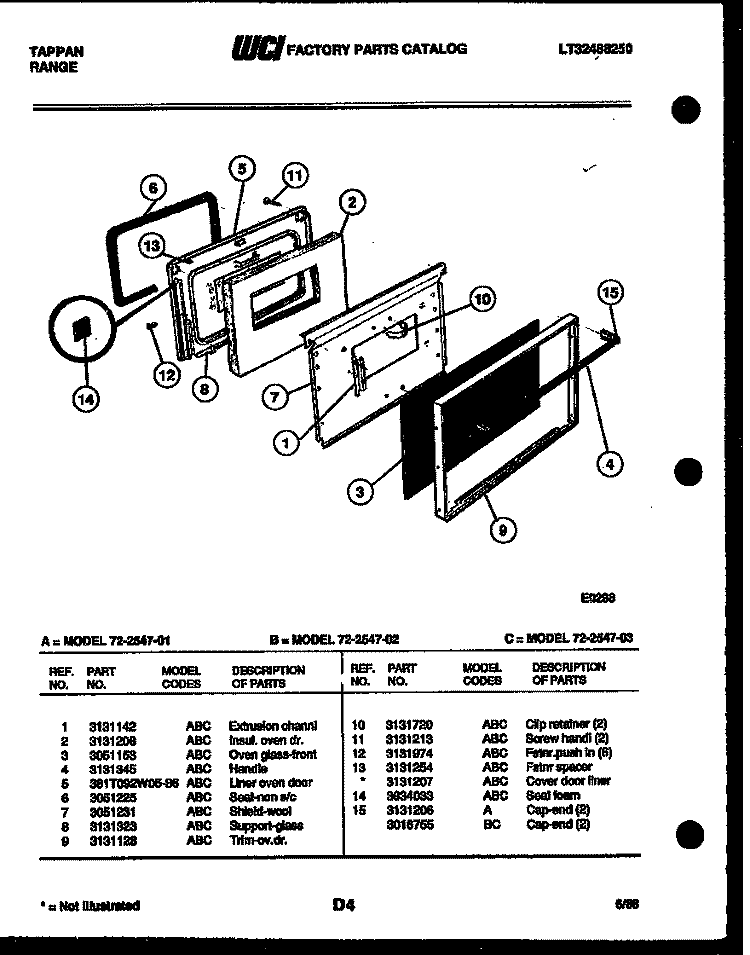 LOWER OVEN DOOR PARTS Diagram and Parts List for 72-2547-66-02  Tappan Range
