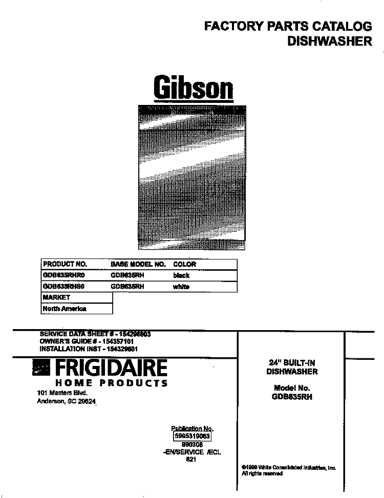 COVER Diagram and Parts List for GDB635RHS0  Gibson Dishwasher