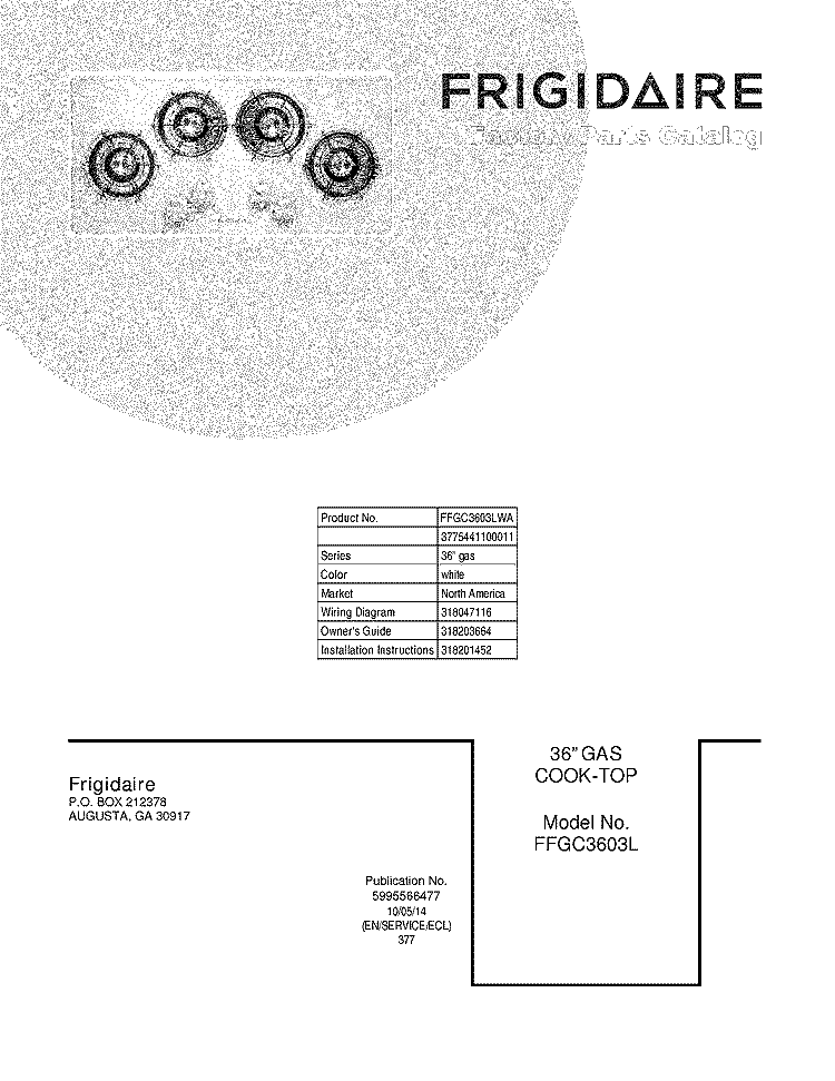 COVER Diagram and Parts List for FFGC3603LWA  Frigidaire Cooktop