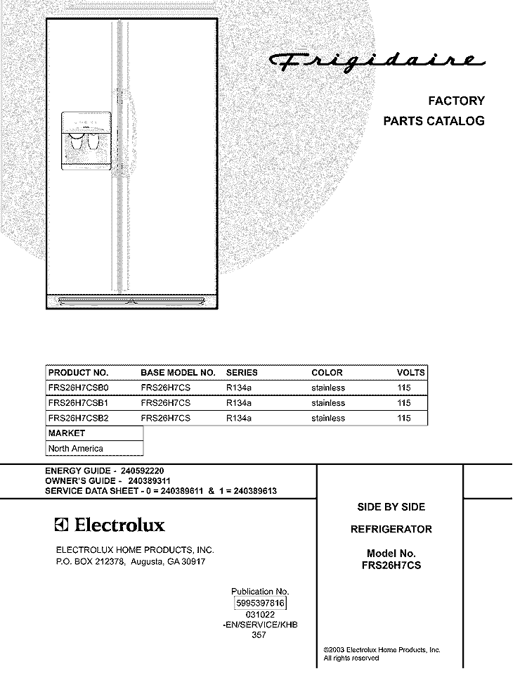 COVER Diagram and Parts List for FRS26H7CSB0  Frigidaire Refrigerator