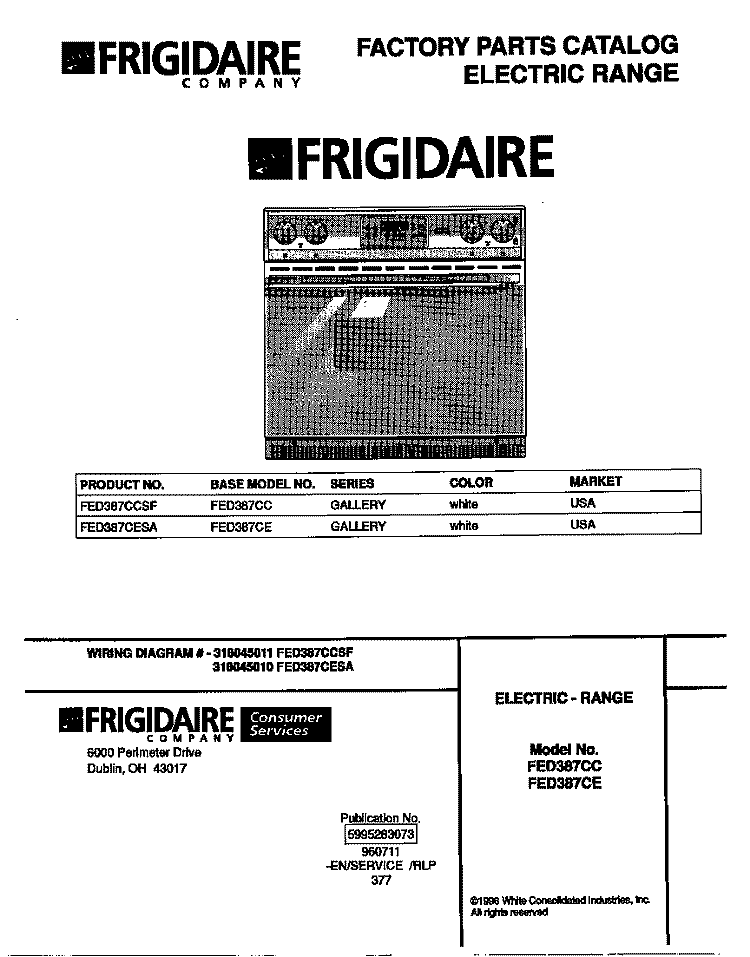 COVER Diagram and Parts List for FED387CCSF  Frigidaire Wall Oven