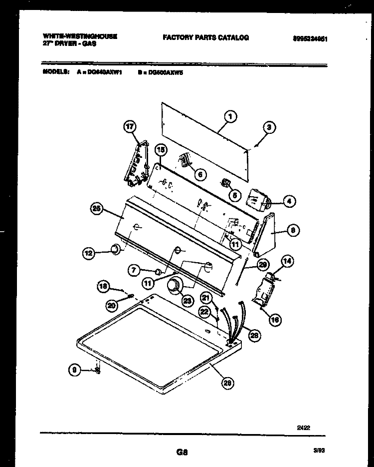 CONSOLE AND CONTROL PARTS Diagram and Parts List for DG500AXW5  Frigidaire Dryer