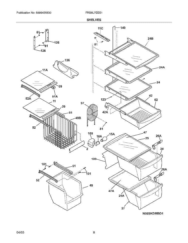 SHELVES Diagram and Parts List for FRS6L7EES1  Frigidaire Refrigerator