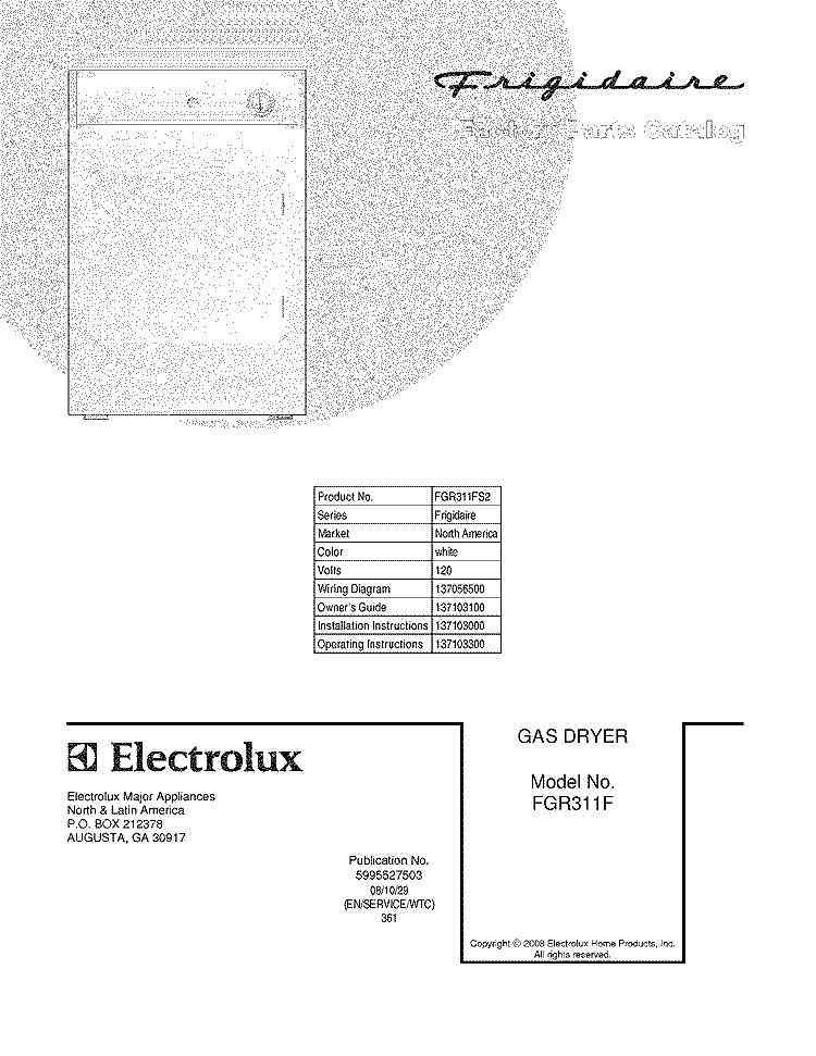 COVER Diagram and Parts List for FGR311FS2  Frigidaire Dryer