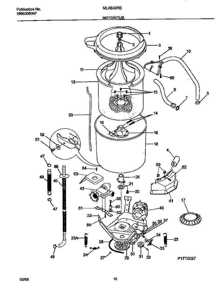 MOTOR / TUB Diagram and Parts List for MLXE42RED4  Frigidaire Washer Dryer Combo