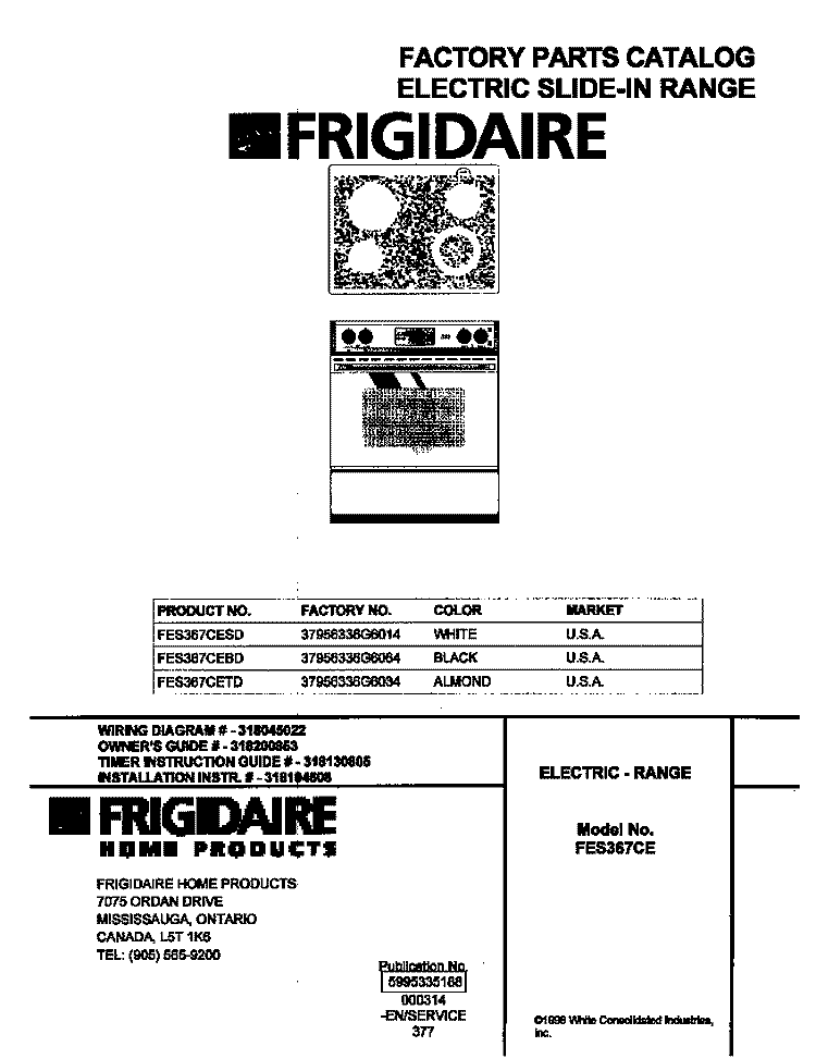 COVER Diagram and Parts List for FES367CETD  Frigidaire Range