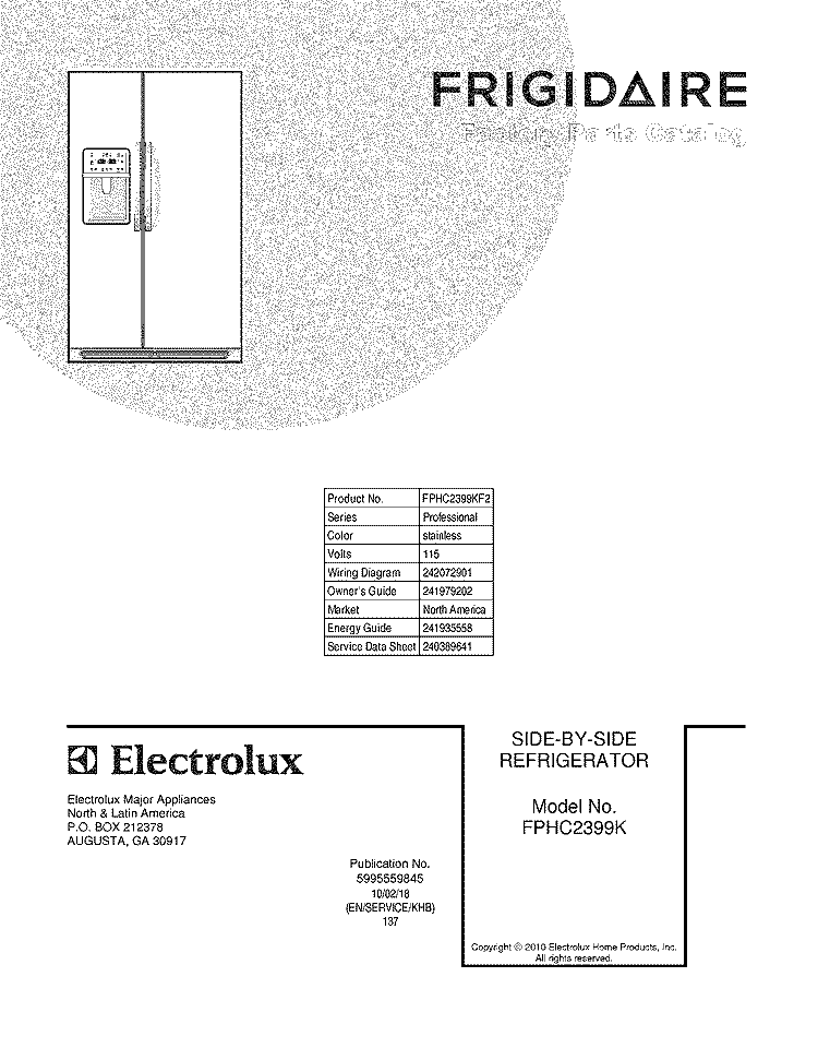 COVER Diagram and Parts List for FPHC2399KF2  Frigidaire Refrigerator