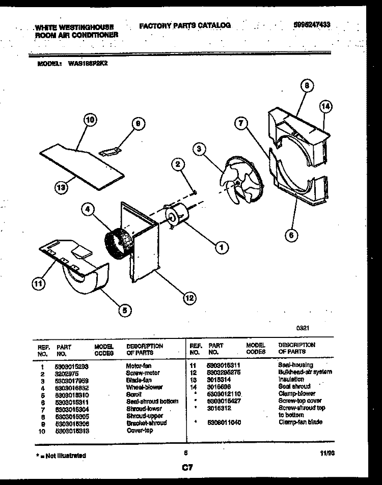 AIR HANDLING PARTS Diagram and Parts List for WAS186P2K2  Frigidaire Air Conditioner
