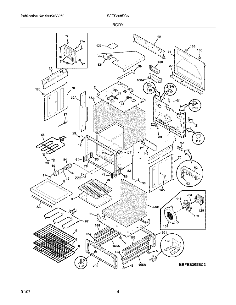BODY Diagram and Parts List for BFES368EC6  Frigidaire Wall Oven
