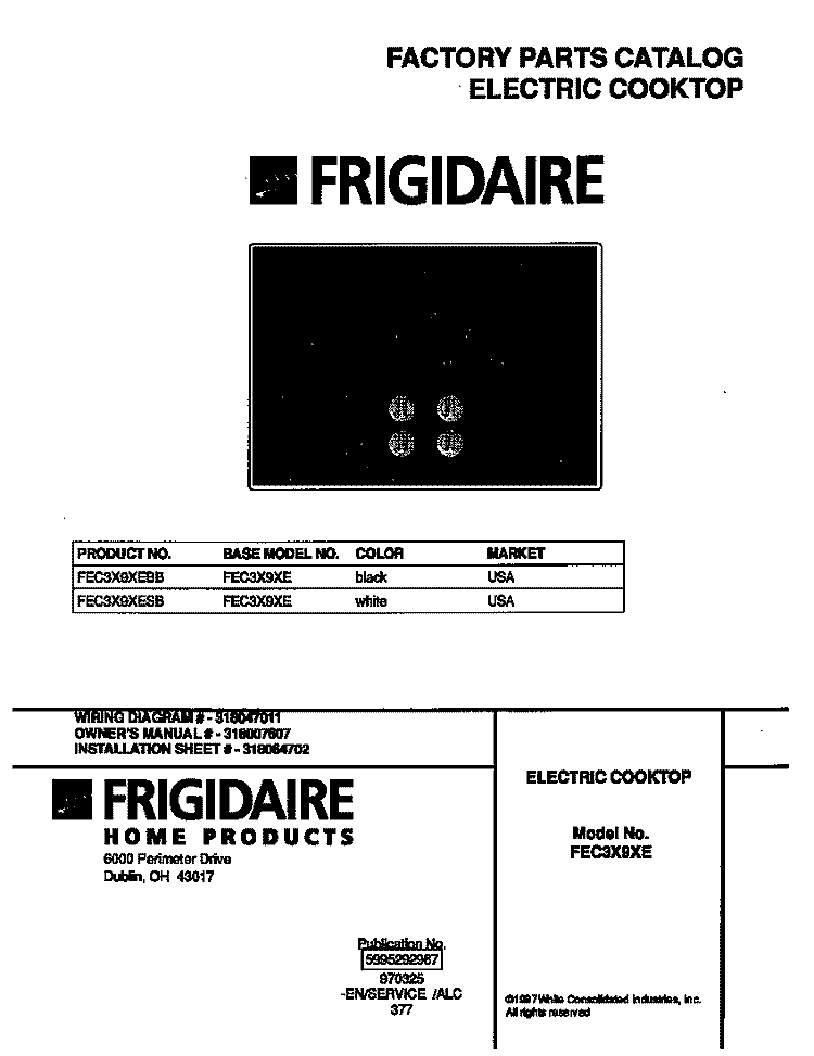 COVER Diagram and Parts List for FEC3X9XESB  Frigidaire Cooktop