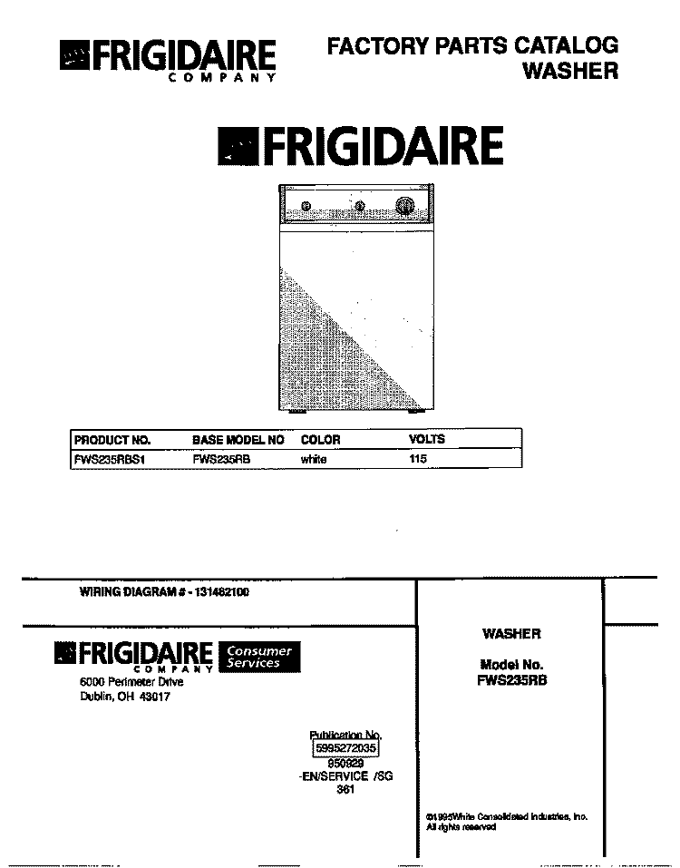 COVER Diagram and Parts List for FWS235RBS1  Frigidaire Washer