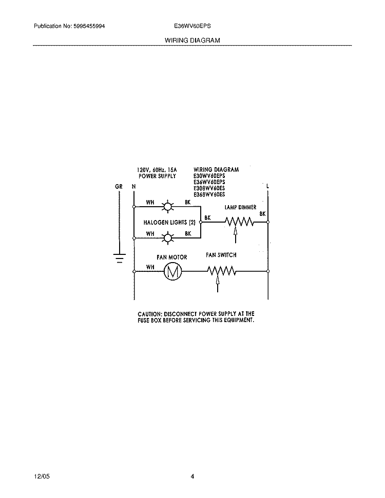 WIRING DIAGRAM Diagram and Parts List for E36WV60EPS  Electrolux Range Hood