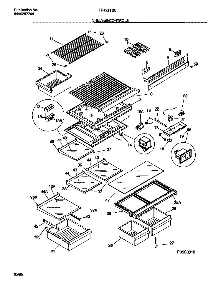 SHELVES / CONTROLS Diagram and Parts List for FRT21TSCW0  Frigidaire Refrigerator