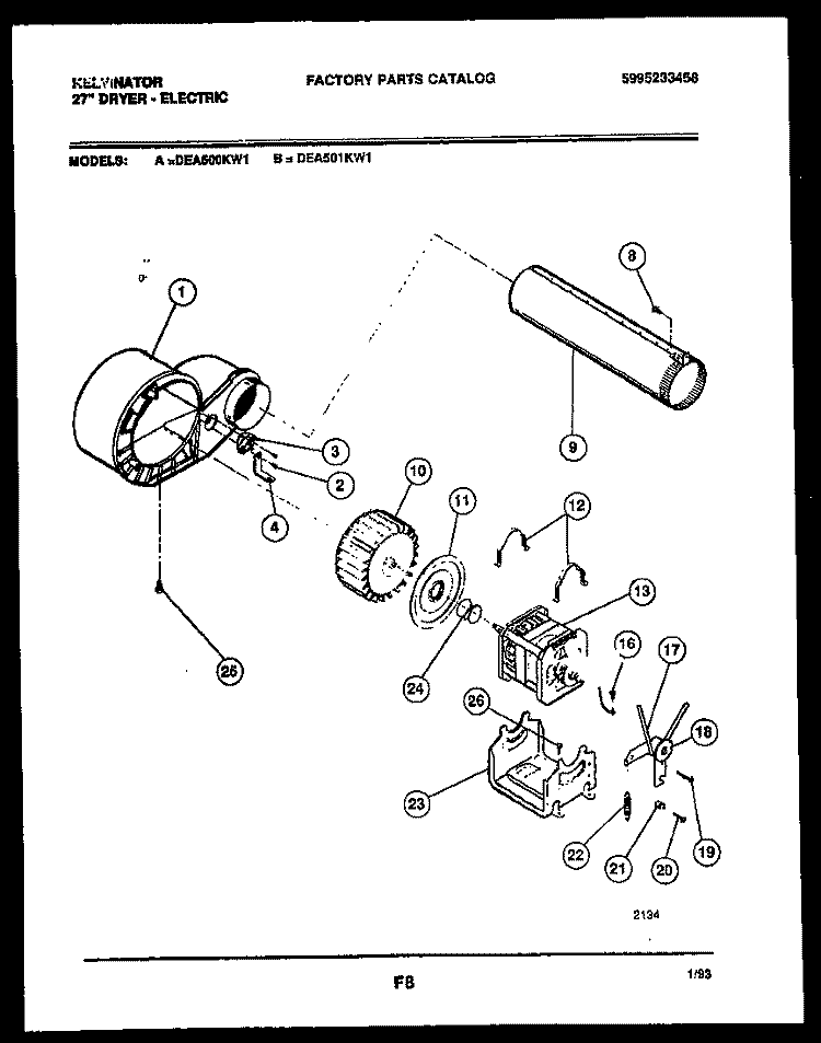 MOTOR AND BLOWER PARTS Diagram and Parts List for DEA500KW1  Kelvinator Dryer
