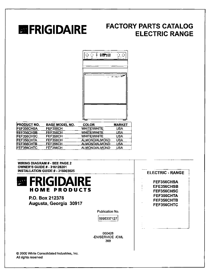 COVER Diagram and Parts List for FEF356CHTC  Frigidaire Range