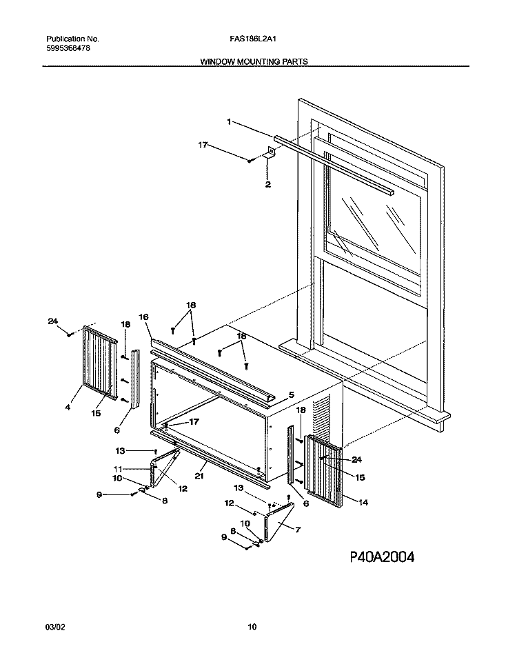 WINDOW MOUNTING PARTS Diagram and Parts List for FAS186L2A1  Frigidaire Air Conditioner