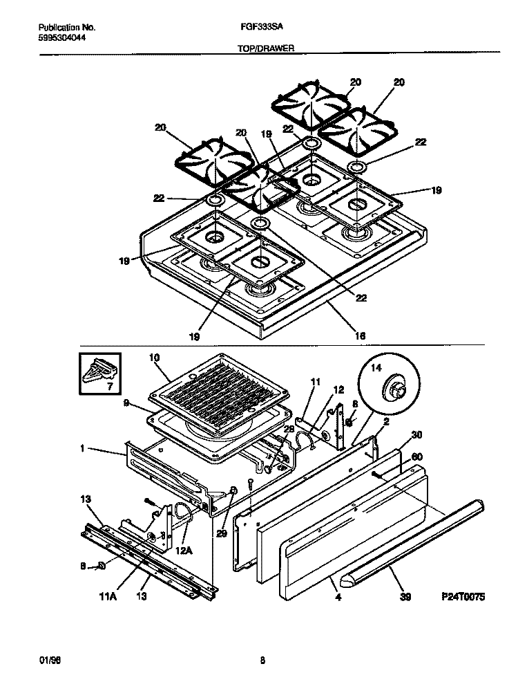 TOP / DRAWER Diagram and Parts List for FGF333SADJ  Frigidaire Range