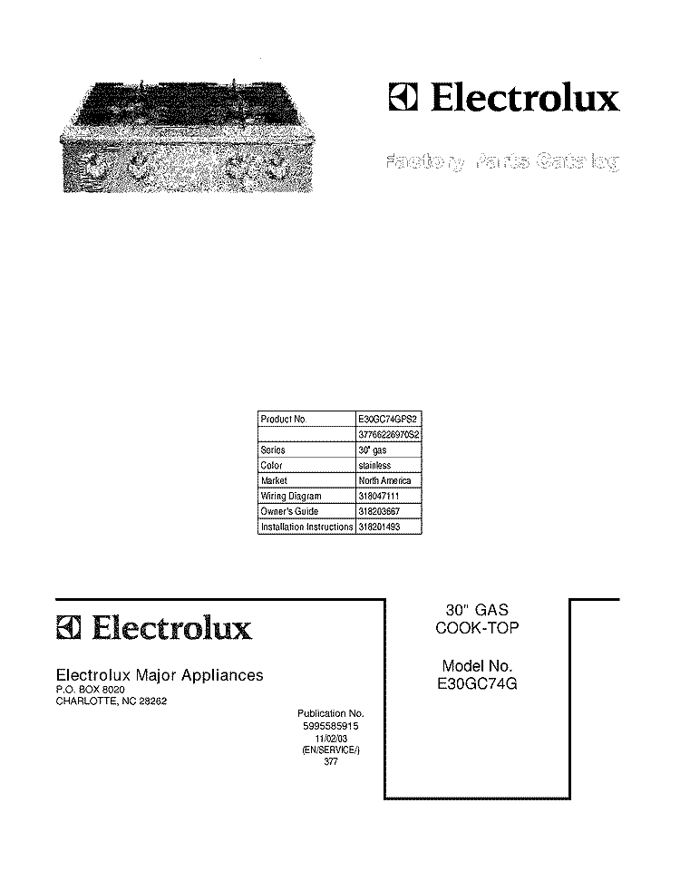 COVER Diagram and Parts List for E30GC74GPS2  Electrolux Cooktop
