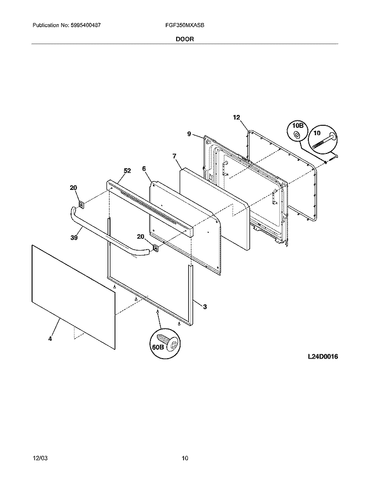 DOOR Diagram and Parts List for FGF350MXASB  Frigidaire Range