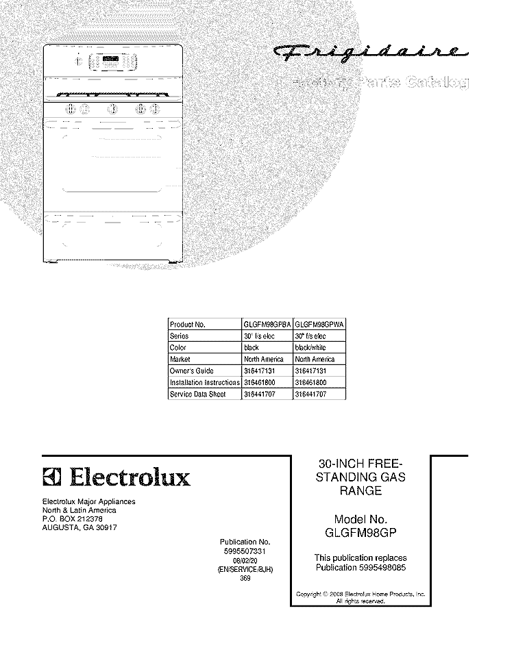 COVER Diagram and Parts List for GLGFM98GPBA  Frigidaire Range