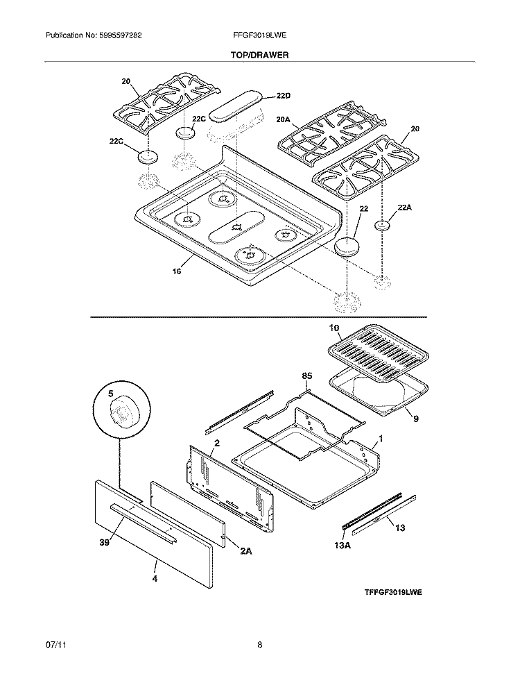 TOP/DRAWER Diagram and Parts List for FFGF3019LWE  Frigidaire Range