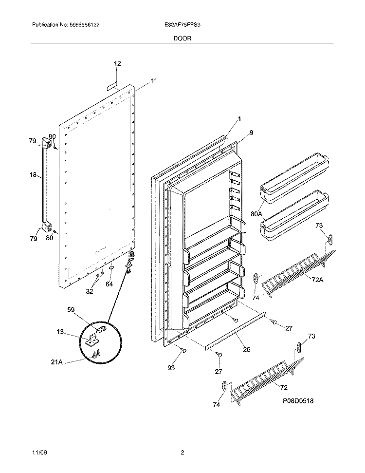 DOOR Diagram and Parts List for E32AF75FPS3  Electrolux Freezer