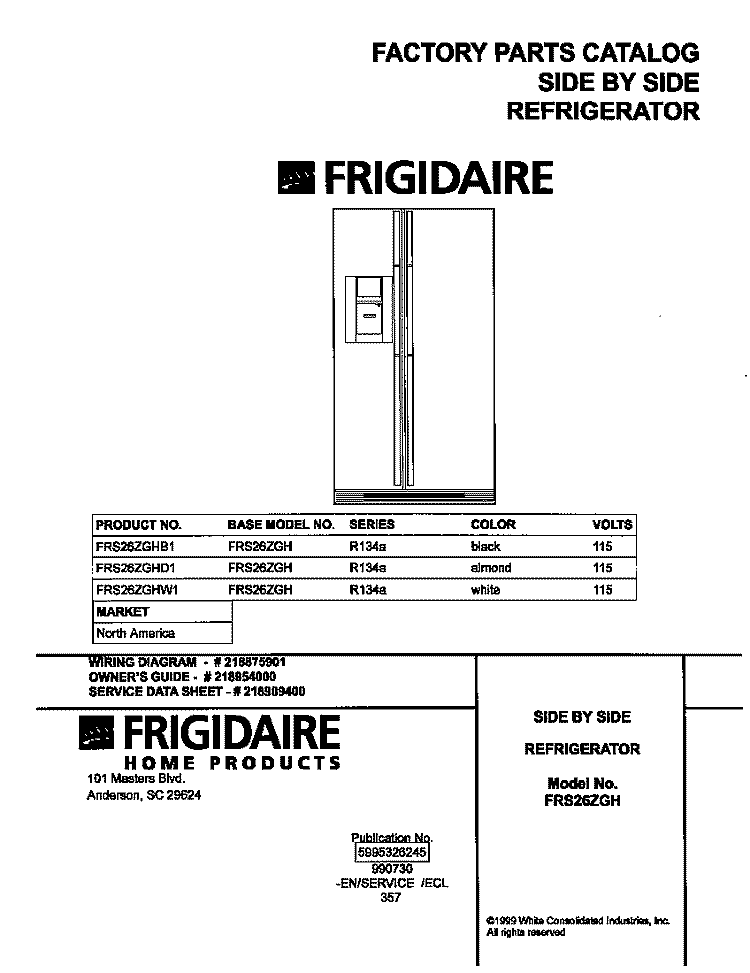 COVER Diagram and Parts List for FRS26ZGHB1  Frigidaire Refrigerator