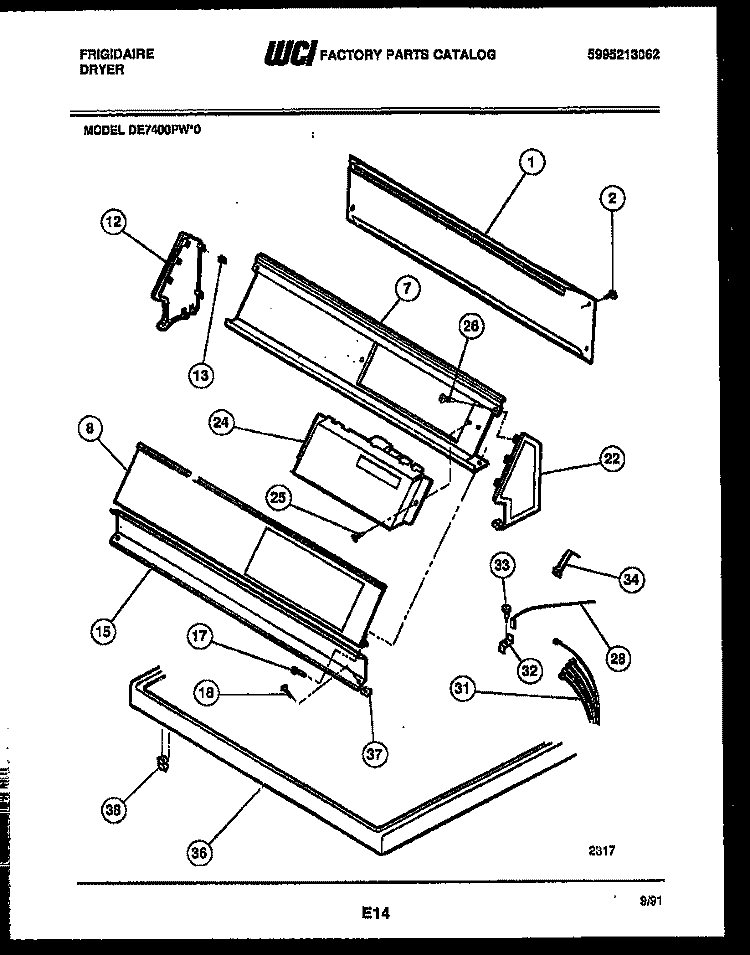 CONSOLE AND CONTROL PARTS Diagram and Parts List for DE7400PW0  Frigidaire Dryer