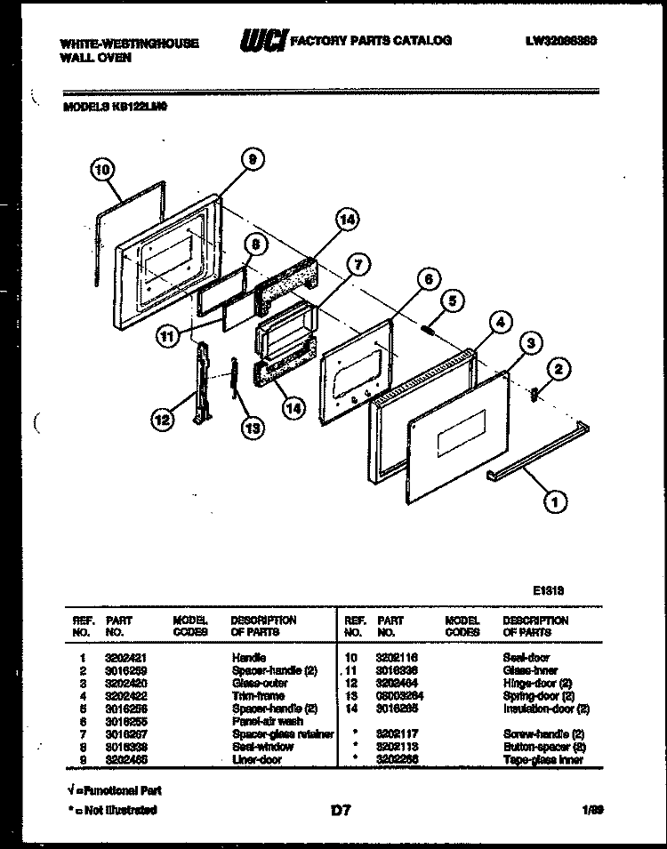 DOOR PARTS Diagram and Parts List for KB122LMO  Frigidaire Wall Oven