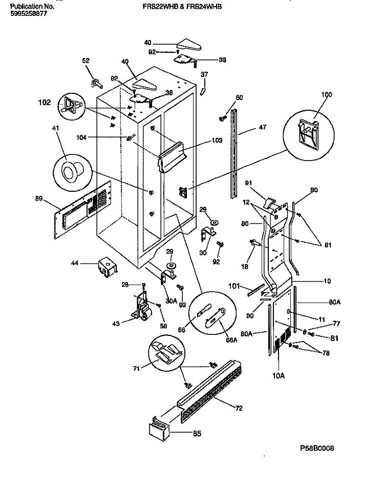 CABINET, LIGHT SHIELDS, MULLION Diagram and Parts List for FRS22WHBD0  Frigidaire Refrigerator