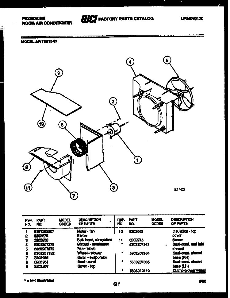 AIR HANDLING PARTS Diagram and Parts List for AW11MT5N1  Frigidaire Air Conditioner
