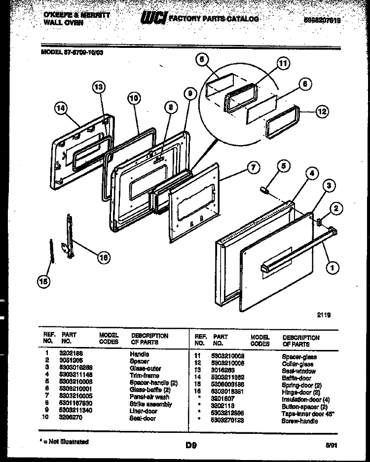 LOWER OVEN DOOR PARTS Diagram and Parts List for 57-6709-00-03  Tappan Microwave Oven Combo