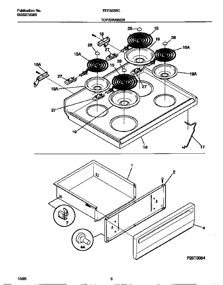 TOP / DRAWER Diagram and Parts List for TEF383BCWA  Tappan Range