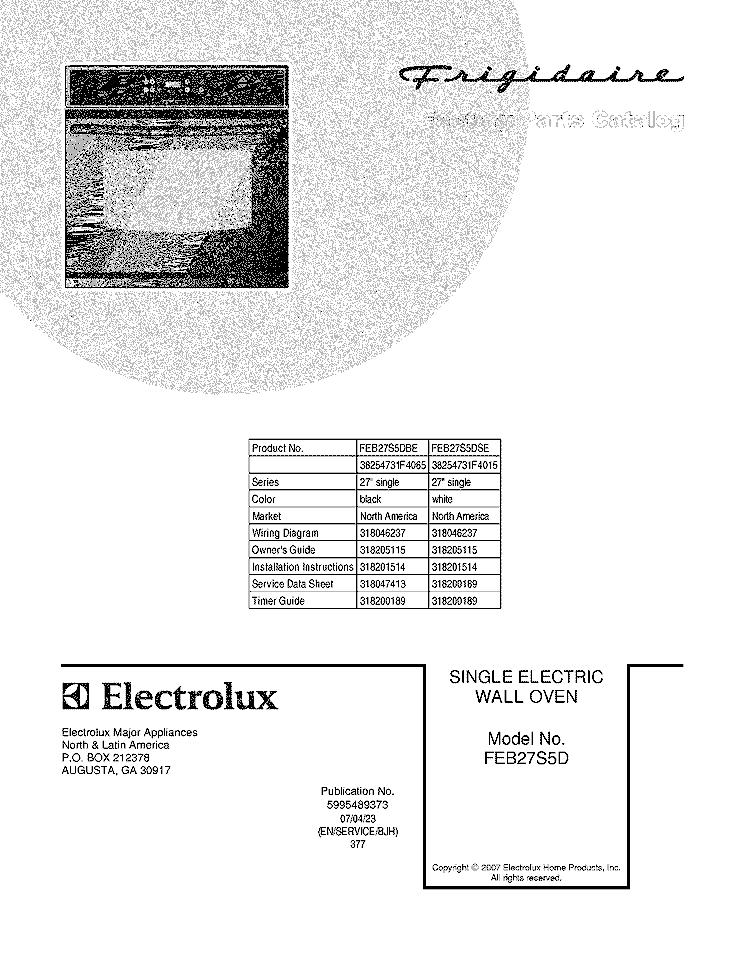 COVER Diagram and Parts List for FEB27S5DBE  Frigidaire Wall Oven