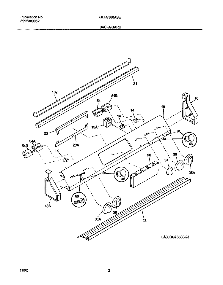 BACKGUARD Diagram and Parts List for GLES388ASE  Frigidaire Range