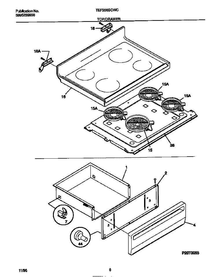 TOP / DRAWER Diagram and Parts List for TEF356SCWC  Tappan Range