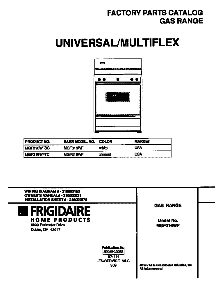 COVER Diagram and Parts List for MGF316WFSC  Frigidaire Range