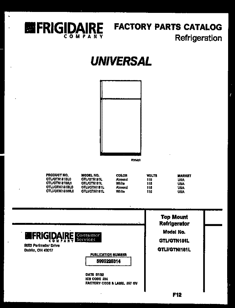 COVER Diagram and Parts List for GTNI181WLW0  Uni Refrigerator
