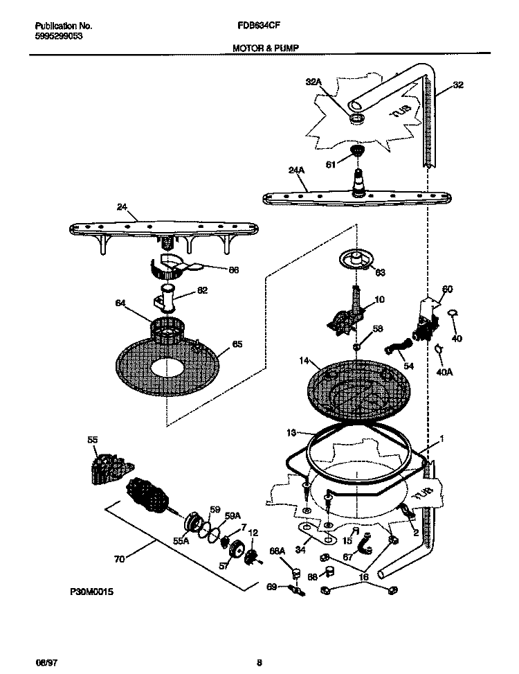 MOTOR & PUMP Diagram and Parts List for FDB634CFS0  Frigidaire Dishwasher