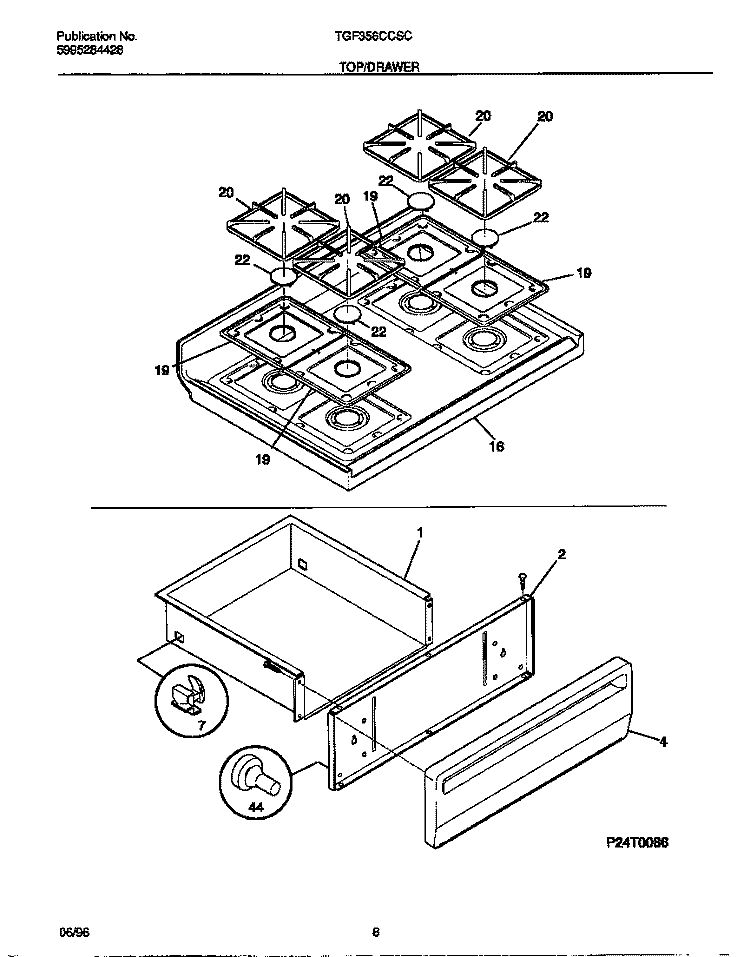 TOP / DRAWER Diagram and Parts List for TGF356CCSC  Tappan Range