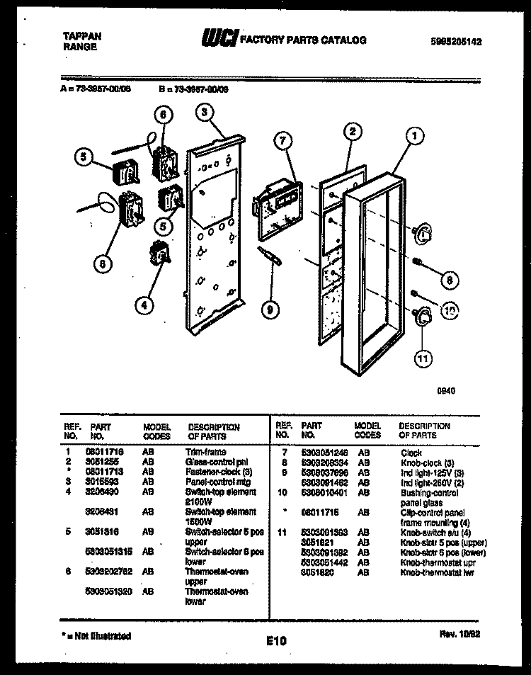 CONTROL PANEL Diagram and Parts List for 73-3957-23-09  Tappan Range