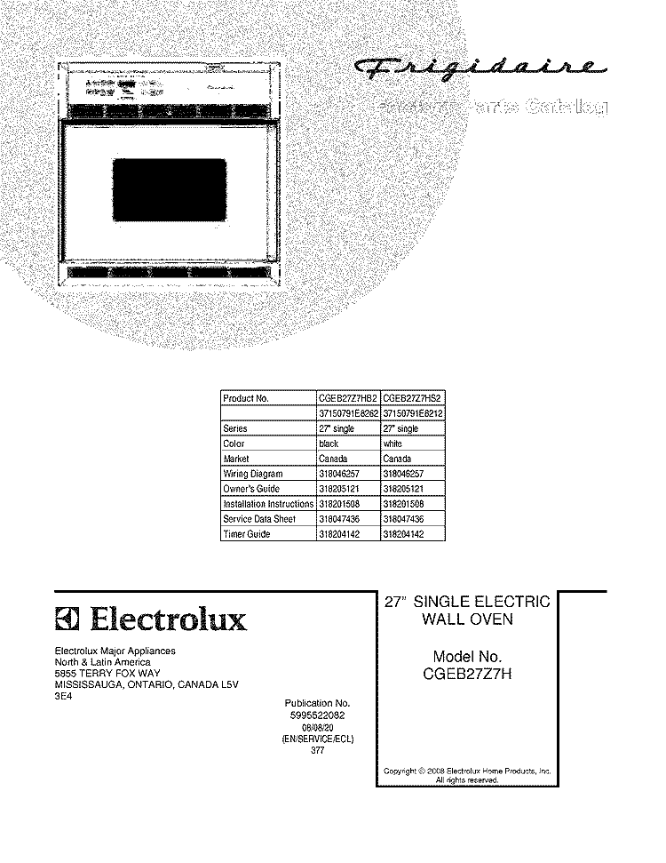 COVER Diagram and Parts List for CGEB27Z7HS2  Frigidaire Wall Oven